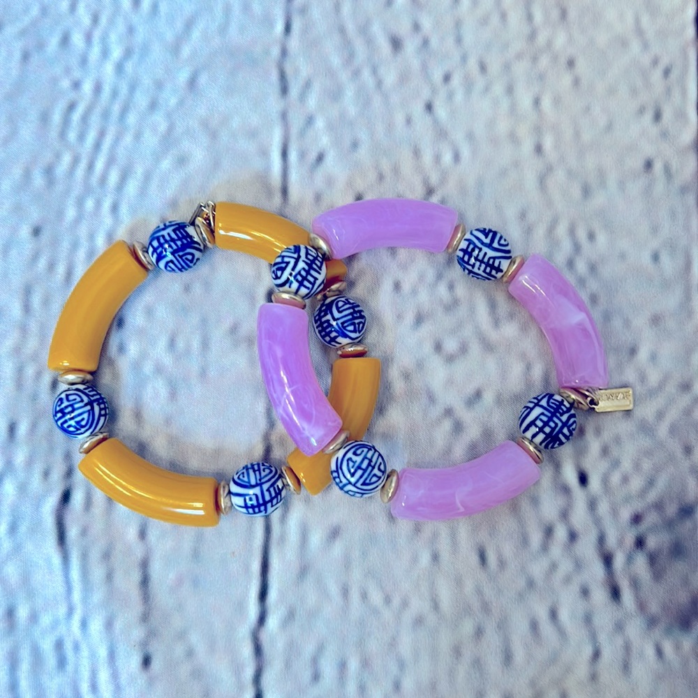 Canvas Gold Blue Pink Blue Grand Millennial Chinoiserie Elastic Bracelet Set